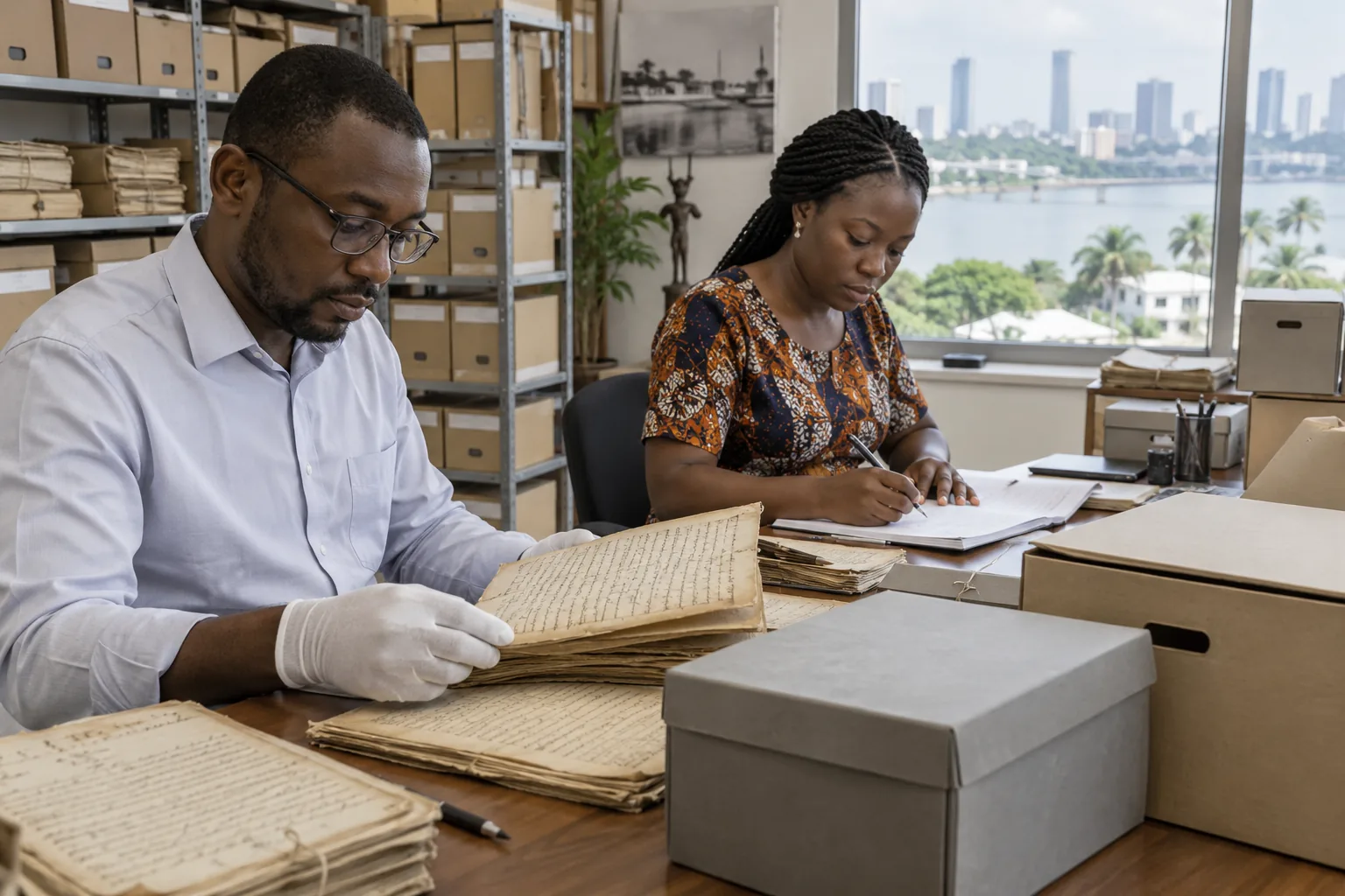 Archivistes africains préparant un inventaire (illustration)